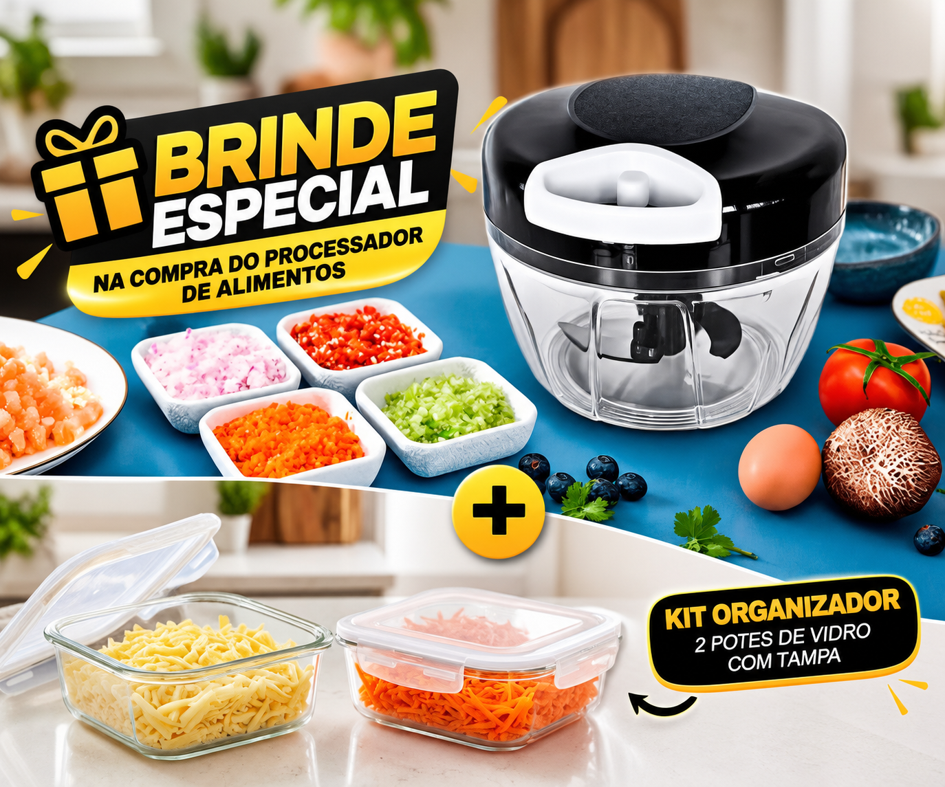 Brinde: mini processador manual e 2 potes de vidro com tampa hermética