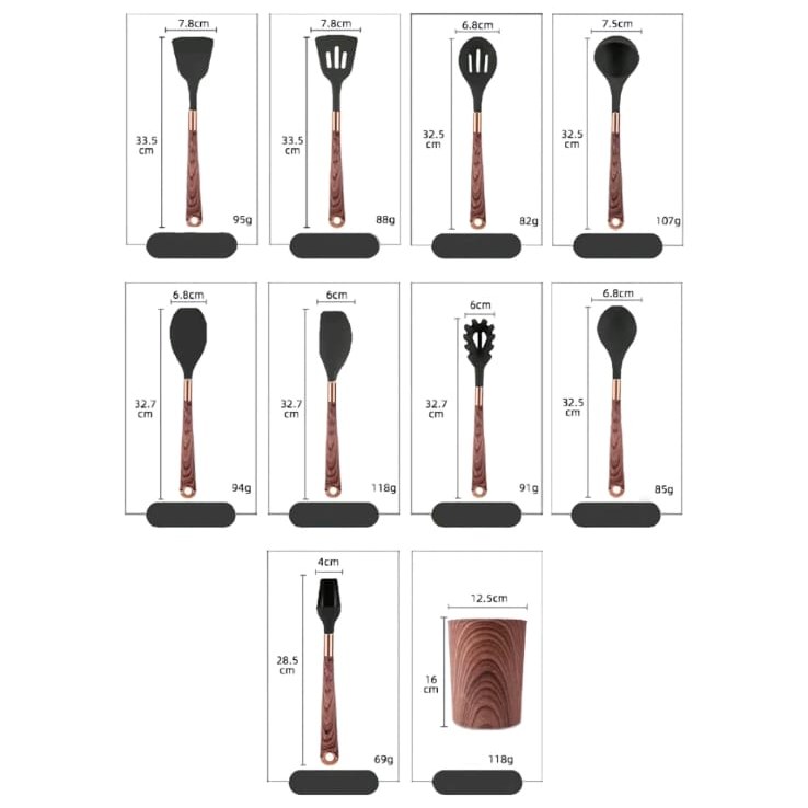 Medidas de cada utensílio do jogo: entre 28,5 e 33,5 cm, e porta-utensílios de 16 cm